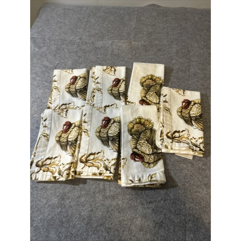 7 Williams Sonoma Turkey Cloth Napkins Thanksgiving Fall Cotton
